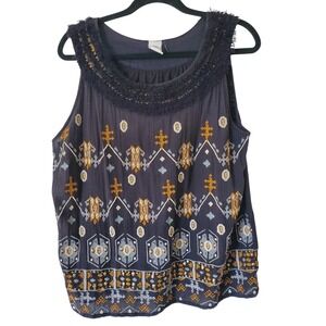 Akemi + Kin Anthropologie Womens L Embroidered‎ Boho Top Grey Fringed